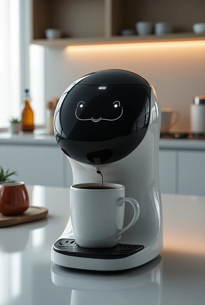 What a coffee maker would look like in the 25th century with AI and it communicates through voice and has a screen that has different expressions 
??