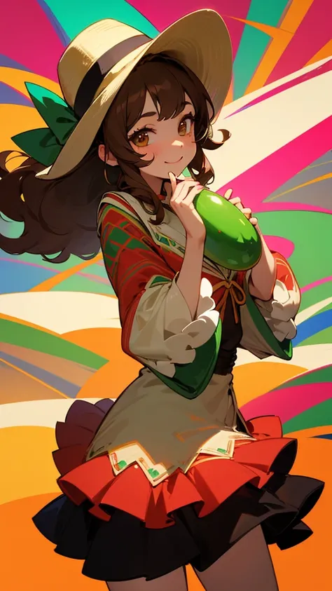 
 1 girl,  High Resolution , Brown hair perm 、 ponytail、 Brown Eyes 、Mexican hat sombrero 、 Mexican national costume charo、The flashy colorful shades of Mexico、red、green、Yellow image。Maracas、smile