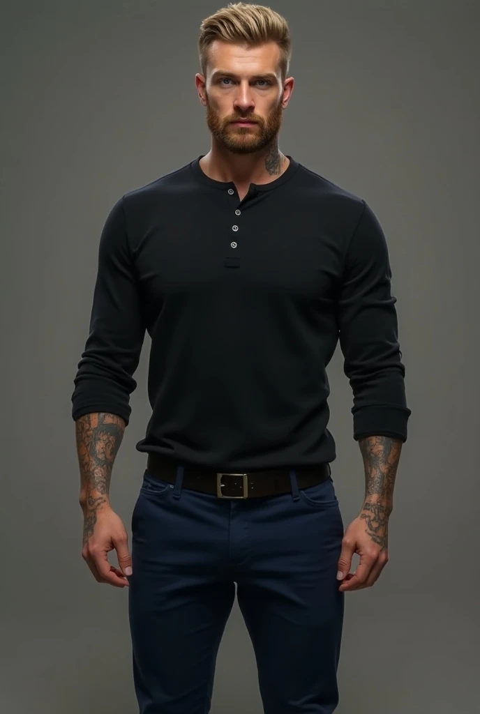 Create the full body image of a man he is standing 1 ,76 tall body  (Skinny Athletic)  dark blond hair short full beard he wears dark blue military pants dark brown boots a black long sleeve Hanley shirt with the sleeves rolled up showing the forearms(  he...