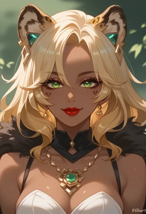 xilonen-gi, green eyes,blonde hair,animal ears,leopard girl, dark-skinned female, looking at viewer, red lips, smile, solo, uppe...