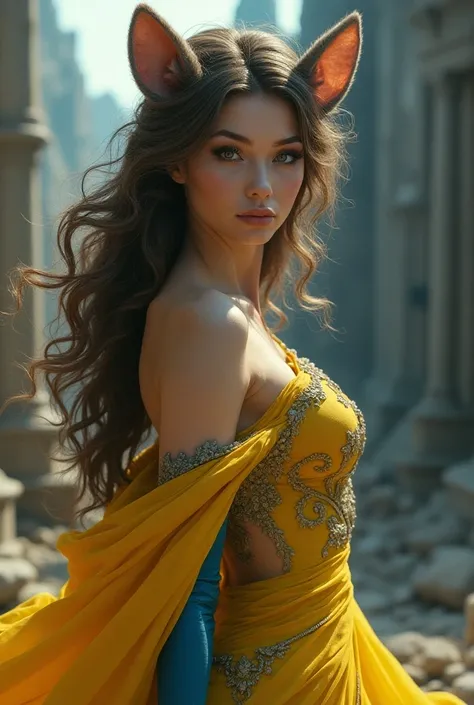 A human princess , beautiful detailed eyes, curly hair Beautiful and detailed lips,  extremely detailed face and portrait ,Beaver ears, long eyelashes,  yellow ornamental robes with blue details, fantasy landscape,  Ancient war architecture , dynamic actio...