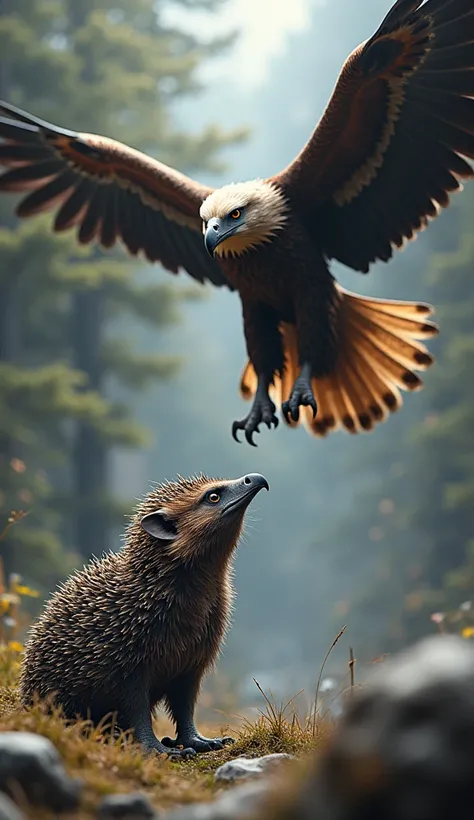 In the photo ,  have a  hedgehog with sharp hedgehog fur ,  showing an aggressive look with an upright posture ,  the feathers erect like weapons .  Its eyes shine with assertiveness and defiance. Besides ,  a winged eagle hovering high ,  with wide wings ...