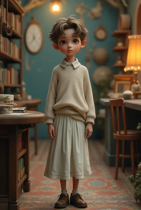 boy with short slightly wavy light brown hair, light gray eyes, long eyelashes, slim build, short stature, dressed as a magician in a magic school, wearing girls clothes, a white shirt, a large, battered white sweater and a long white pleated skirt, magic ...