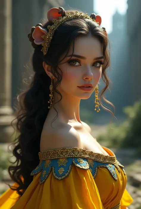 A human princess , beautiful detailed eyes, curly hair Beautiful and detailed lips,  extremely detailed face and portrait ,Beaver ears, long eyelashes,  yellow ornamental robes with blue details, fantasy landscape,  Ancient war architecture , dynamic actio...