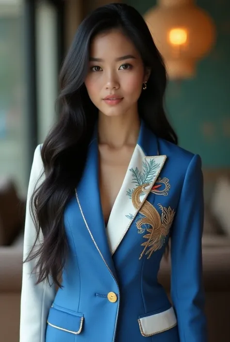 cringe 8k (Model)Thai young woman is confident and beautiful++, Chos body has long,  black hair and a sharp, beautiful face. , elegant formal sports fashion, modern Thai inspired design, Wearing a blazer (The Rattle)+ blue and white, a beautiful heron deco...