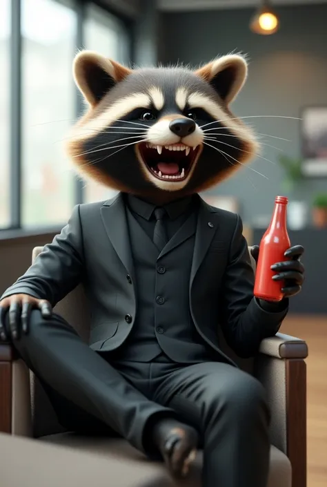 Anime 3d character a raccoon wearing a black suit is sitting while laughing out loud holding a drink bottle in the workspace 