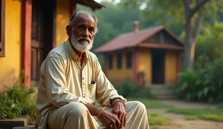 image of a 60 year old bangladeshi man sitting in front of his house, photo from a movie, good light quality, long shot, panoramic, super nice photo
