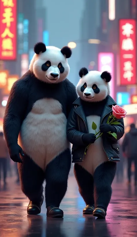 Here’s the modified prompt featuring a panda-human hybrid couple:

"A striking panda-human hybrid couple walks confidently through a modern city street, dressed in stylish urban outfits. The male hybrid, with a stocky build covered in black and white fur, ...