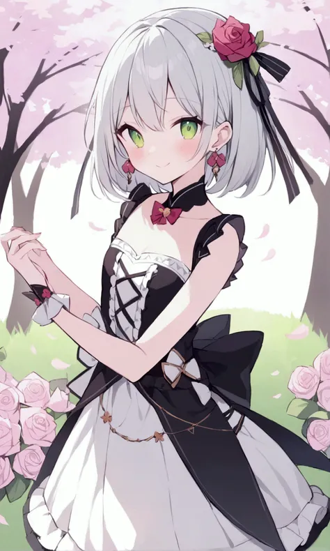 Beautiful 30-year-old girl 。 fantasy style dress based on a bob cut 。 light grey hair（hex: #C2B2B2 ）。 A vibrant flower garden with soft and round 、An angelic smile。Flat chest。With drooping eyes、Pale green eyes（hex: #CEE6C1）。Tilting his head。 flower-themed ...