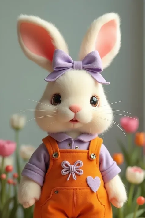 Little bunny wearing orange garden clothes and lilac bows in her ears