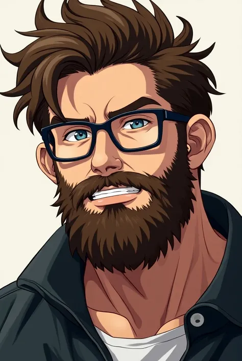 Create a 25-year-old , masculine,  brown-haired guy with a full beard ,  who wears a square black eyeglass and thick brow, anime version
