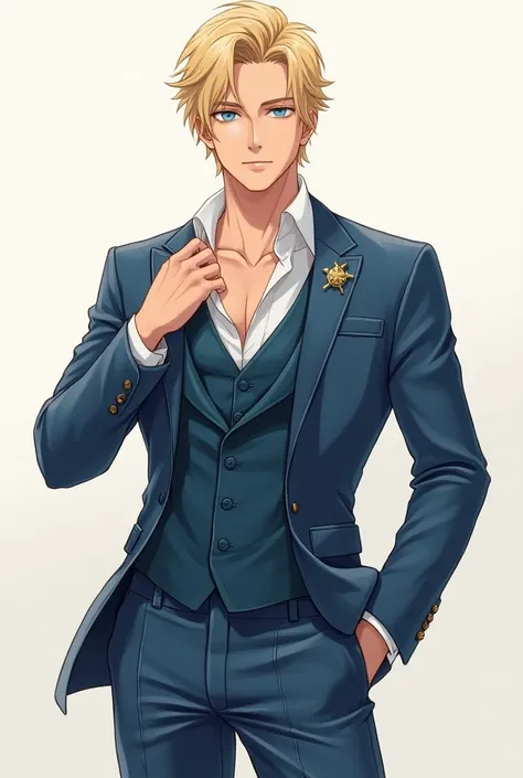 A rich young man , with elegant clothes,  has blond hair and blue eyes, with an athletic physique, anime style art