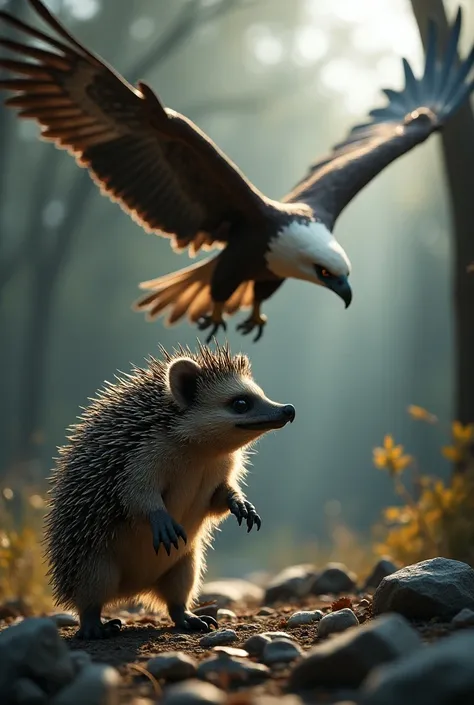 In the photo ,  have a  hedgehog with sharp hedgehog fur ,  showing an aggressive look with an upright posture ,  the feathers erect like weapons .  Its eyes shine with assertiveness and defiance. Besides ,  a winged eagle hovering high ,  with wide wings ...