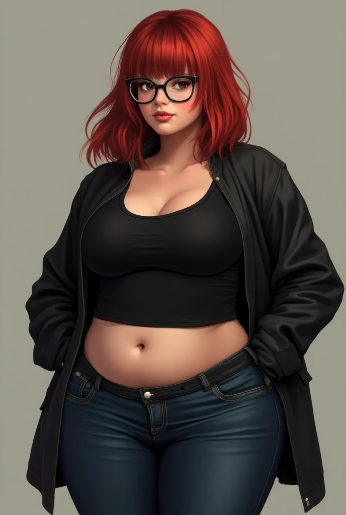 Create a short 16-year-old woman measuring 154 cm, 87 kilos ,  red dyed hair ,with bangs, hair down to the neck, glasses,  cup bra F , rear XXL, brown eyes,  tight black t-shirt showing part of her breasts , skinny jeans up to the navel making part of her ...