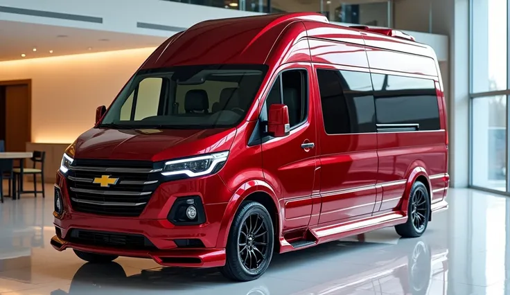 red color full HD picture 2025 Chevrolet Camper Motorhome in Showroom in Showroom realistic showroom 