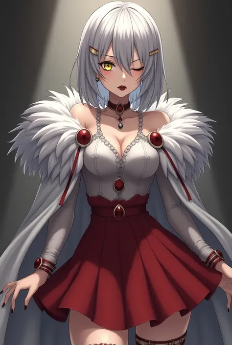  - Anime style
- Beautiful woman  
- Porcelain pale skin
- Curvy, feminine figure
- Thick thighs  
- Mature
- Elegant
- Silver hair, chin length bob cut, side swept bangs covering right eye
- Black lipstick 
- Yellow eyes, right eye blinded
- Silver stud e...