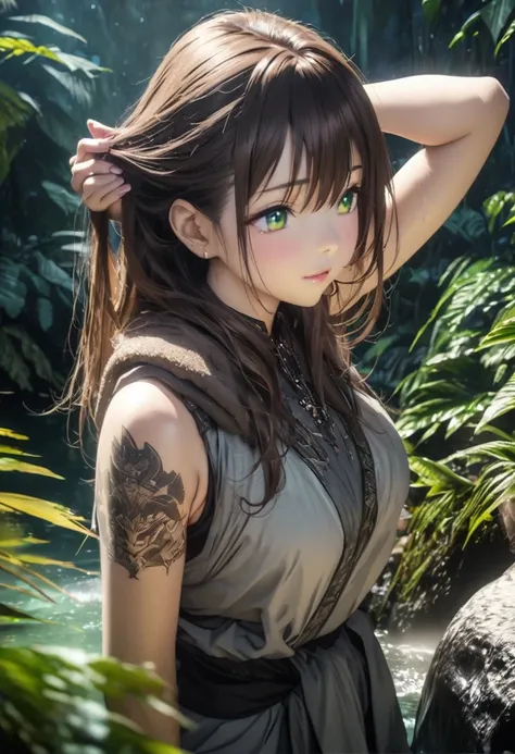 anime photo,soft romantic coloring,sleeveless,fixing hair,close up on bedazzling green eyes looking at you,wading through plants,tattoo,gorgeous dark brown hair,jungle on an alien planet,starlight,warrior on an adventure,worn warriors robe,atmospheric dust...