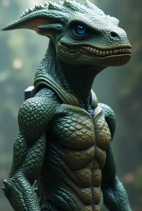 A side photography of intelligent humanoid draconic alien, t-rex race detail dark green scale with brown pattern scale in muscular bulk big body,so terrifying, so masculine, so malicious, so brave, Wide large blue eye, wear white mecha future armor, 