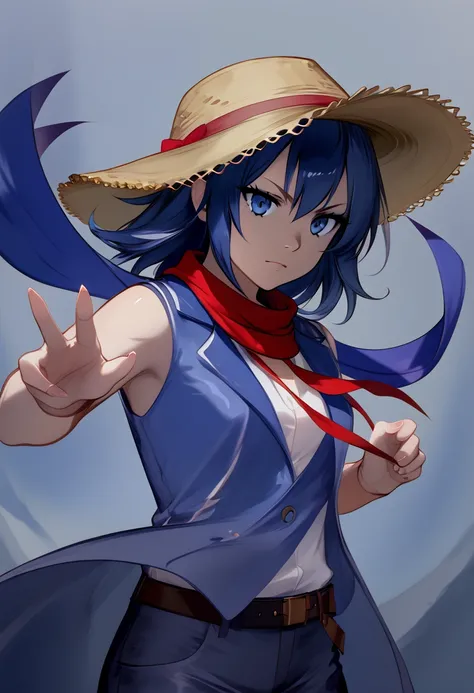 a cowboy in a white long-sleeved shirt,dark blue sleeveless jacket,red scarf,straw hat with blue ribbon,action pose,detailed face,highly detailed,photorealistic,dramatic lighting,cinematic,epic,wide angle,4k,8k,ultra-detailed,masterpiece,concept art