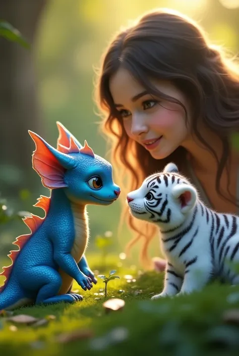 Blue dragon baby,White tiger cub,Playing together,A woman is watching up close