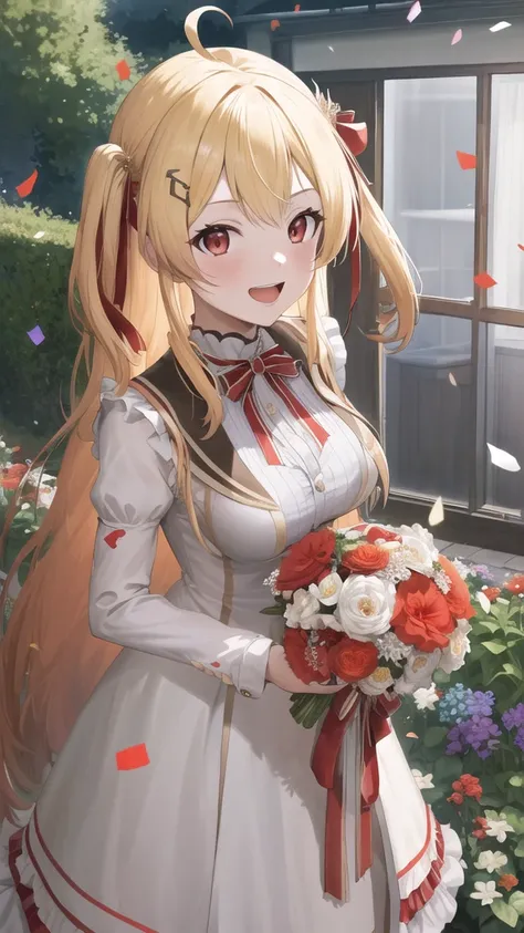 masterpiece, best quality, highres, kanadeyj, long hair, one side up, hair ribbon, hair ornament, ahoge, red eyes, medium breasts, wedding dress, standing, garden, confetti, holding bouquet, smile, open mouth,