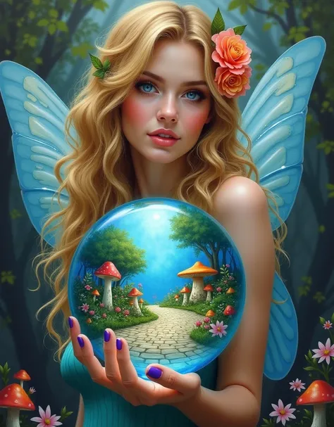 a crystal clear glass transparent blue orb filled with mesmerising vibrant cobbled stone path mushroom village; that orb is on a palm of a gorgeous sexy face beautiful female fairy with a wavy golden hair style ornated with vibrant flower, realistic oil on...