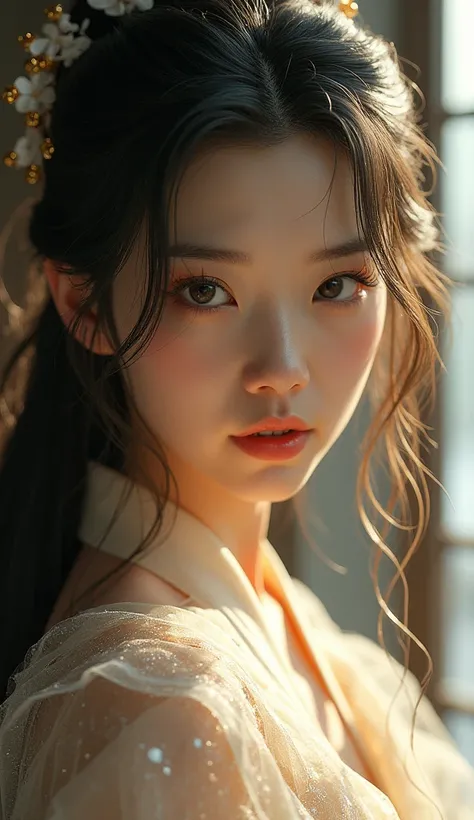  Cosplay ,美麗的中國武俠仙女,Long flowing hair with bangs, Bow Hair Trim,Phoenix Eye ,Beautiful Chinese Martial Fairy Wearing an Antique Glass Fairy Dress ,Head close-up, vertical shadow, masterpiece,  Ultra HD, Unreal Engine, 