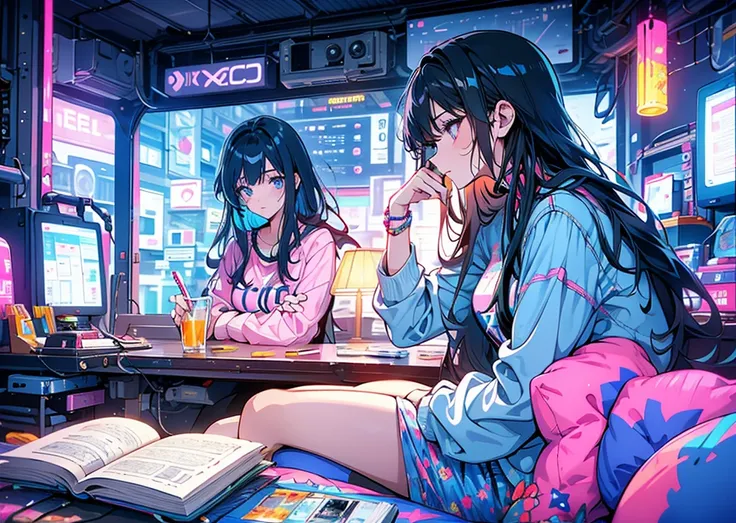 1980s lofi style, high quality, high resolution, top-quality, Neon Color Light raining outside, profile, Pop City, Neon City, Retro Pop, Very beautiful woman, cyber, Fantastic atmosphere with neon colors, Girl sitting on her bed practicing guitar, she wear...