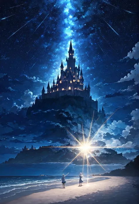 A white-haired girl, pointing henger, standing on the beach, night sky, stars, castle, a beam of light, shining, overall dark color, viewed from a distance, touching scene