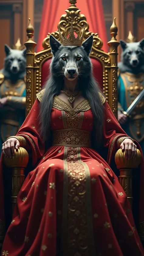 a medieval queen with animal head sitting on her throne, cinematic style, colorful background, wearing a gold crown, Royale guards behind her, she have big boobs