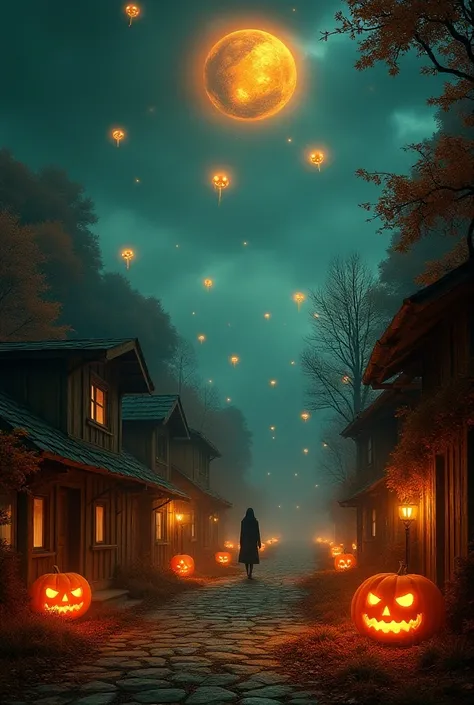 Best Quality,   very detailed、8k、  High Resolution ,   fantasy、Scenery、#halloween, #Illustration wallpaper, pumpkin meteor shower、Meteor Ranbu 、night、Settlement、Halloween magic、Autumn fruits、