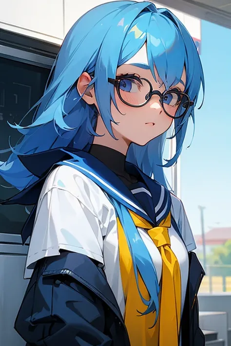 High school girl, Blue Hair, Glasses, Near future