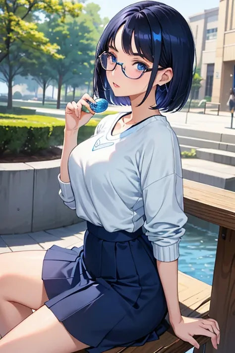 college student、University campus、class、college student、sitting ,cara laciva, guiñando un ojo, nervous ,  short hair、 dark blue hair 、smooth hair、blows、barrer los senos bangedium、perky breasts 、tight、Blue eyes、shiny skin、shiny lips、beautiful ass、skirt、knit...