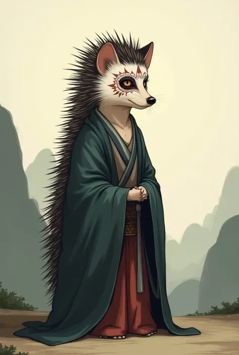  turn a cute hedgehog into an ascetic monk　tall　Skinny　Kumadori with Japanese kabuki makeup on her face 