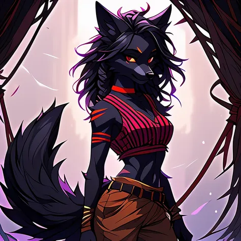 solo, sfw, young female black wolf (((lean-body))) (((medium breasts))) (short snout),(((fur (red stripe) between neck and shoul...