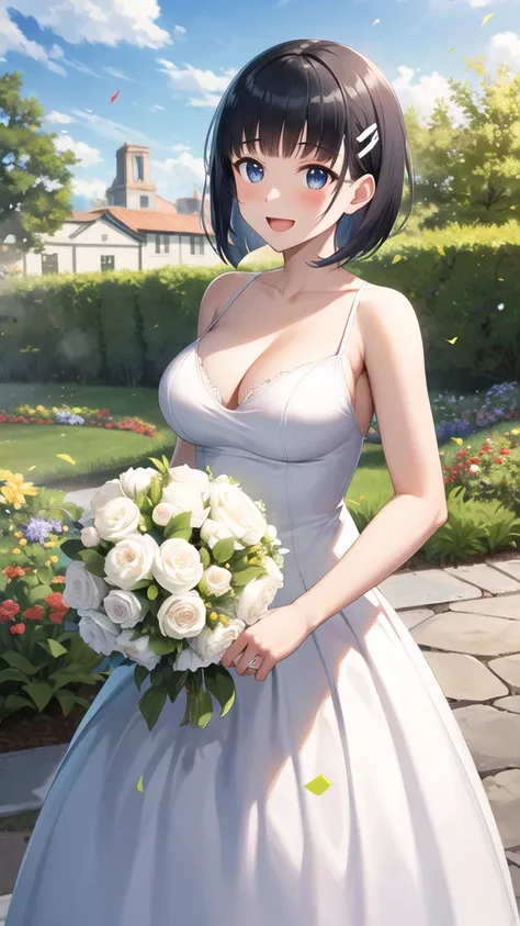 masterpiece, best quality, highres, aasugu, short hair, hairclip, large breasts, wedding dress, standing, garden, confetti, holding bouquet, smile, open mouth,