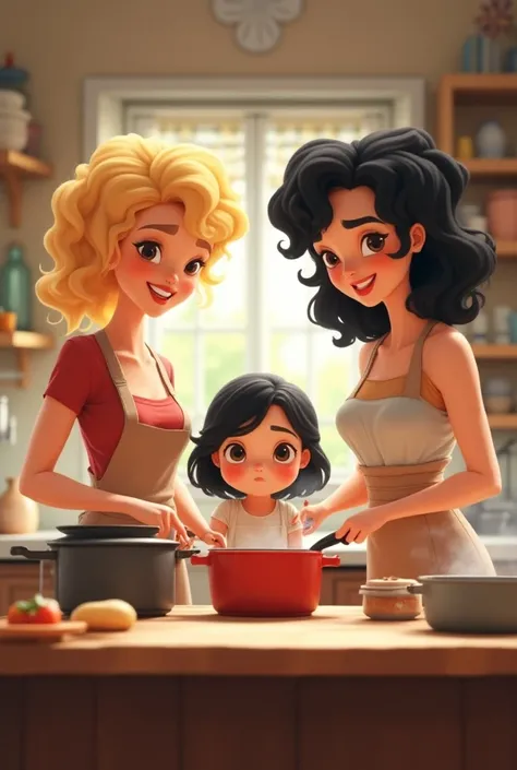 I want a picture of 2 women cooking a chubby black haired girl and a skinny curly blonde with long hair adult in animation 
