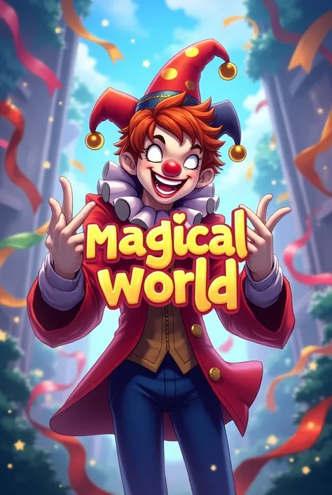 Anime version of Harley clown from Mobile Legends holding the words magical world with a colorful background 