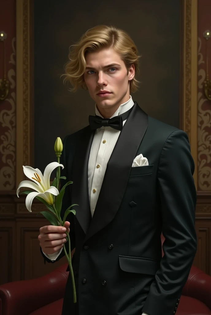  A young aristocrat of unearthly beauty , with golden hair and blue eyes ,  posing in a Victorian art studio ,  dressed in an elegant suit and holding a white lily.