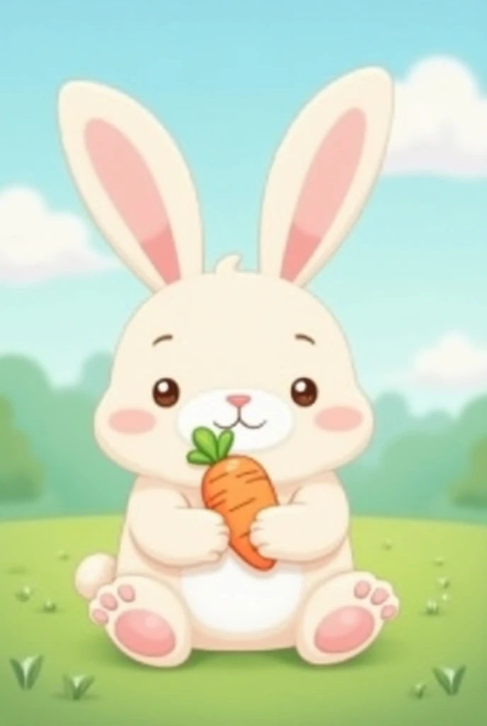  kawaiii-style rabbit with long rounded ears , small oval eyes ,  chubby with a rounded face holding a carrot with white and pink tones, with a landscape in the background,  where you can see the clouds and the green of the grass 