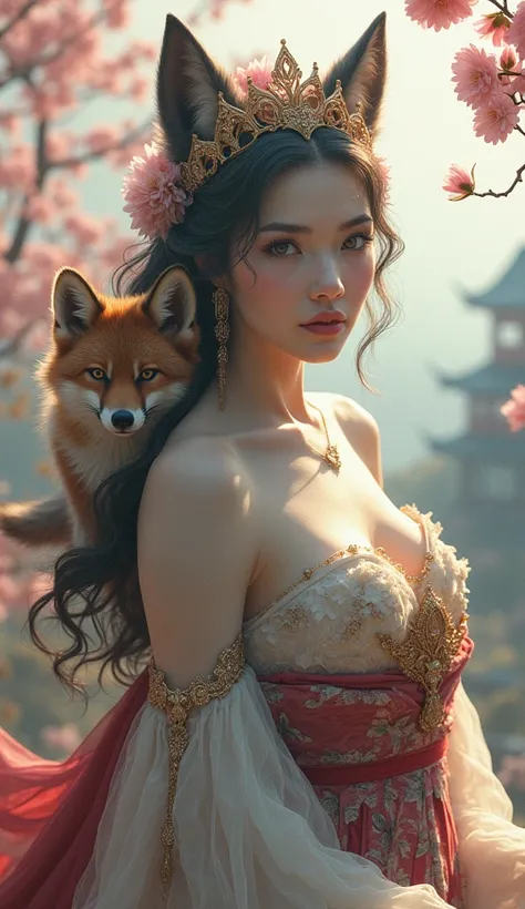 A female half-human half-wolf queen with a fox adorned with her delicate royal crown and elegant geisha outfit with a cherry blossom background and a blurry Japanese village in the background.