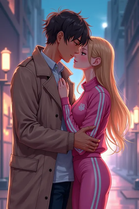 Anime style image,  female character Android Number 18 , rubia de pelo ,  trench coat wearing a pink sports jacket with white stripes on the side,  his pants are pink sports pants with white stripes on the side, kissing a tall man  , delgado,with brown ski...