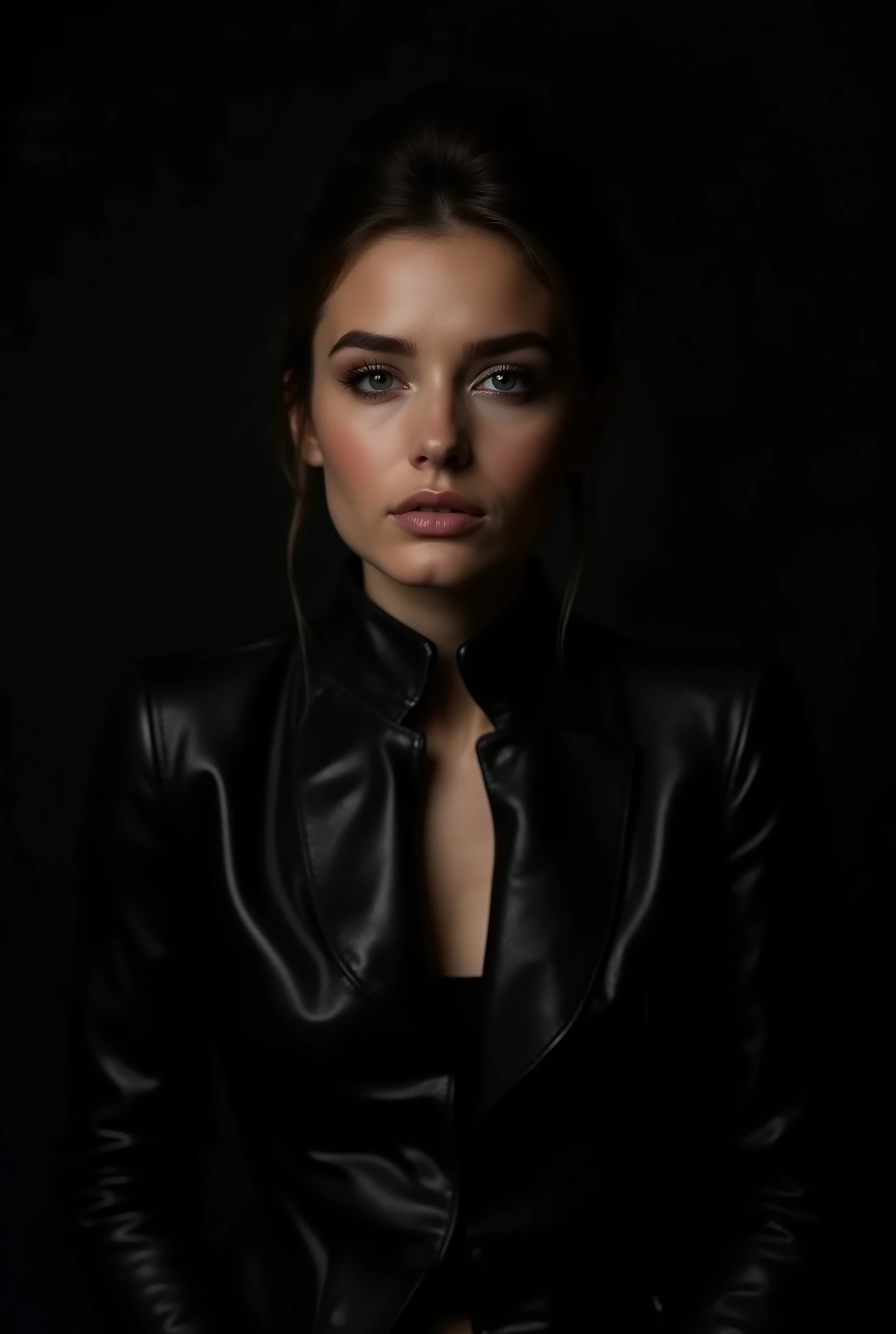 **Hyperrealistic portrait in Fashions day style, of a beautiful and unique French model wearing leather, ultra detailed, looking at camera, studio lighting, black background, portrait, cinematic lighting**