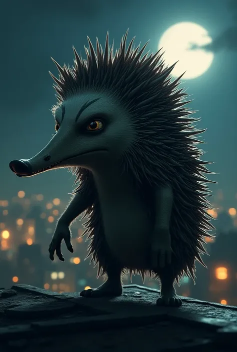  turn a cute hedgehog into a big thief　tall　Skinny　 Kabuki makeup on the face 　The background is on the roof 