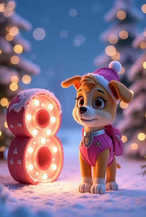 Image of Skye from Paw Patrol, next to a number "8", Christmas setting, Disney 4D, Disney Pixar style, christmas, paw patrols character, Skye