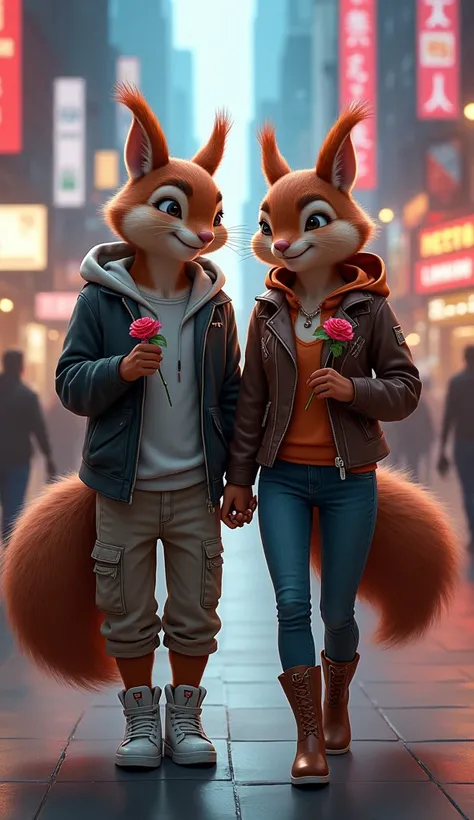 Here’s the modified prompt featuring a squirrel-human hybrid couple:

"A striking squirrel-human hybrid couple walks confidently through a modern city street, dressed in stylish urban outfits. The male hybrid, with a lean build covered in soft brown fur an...