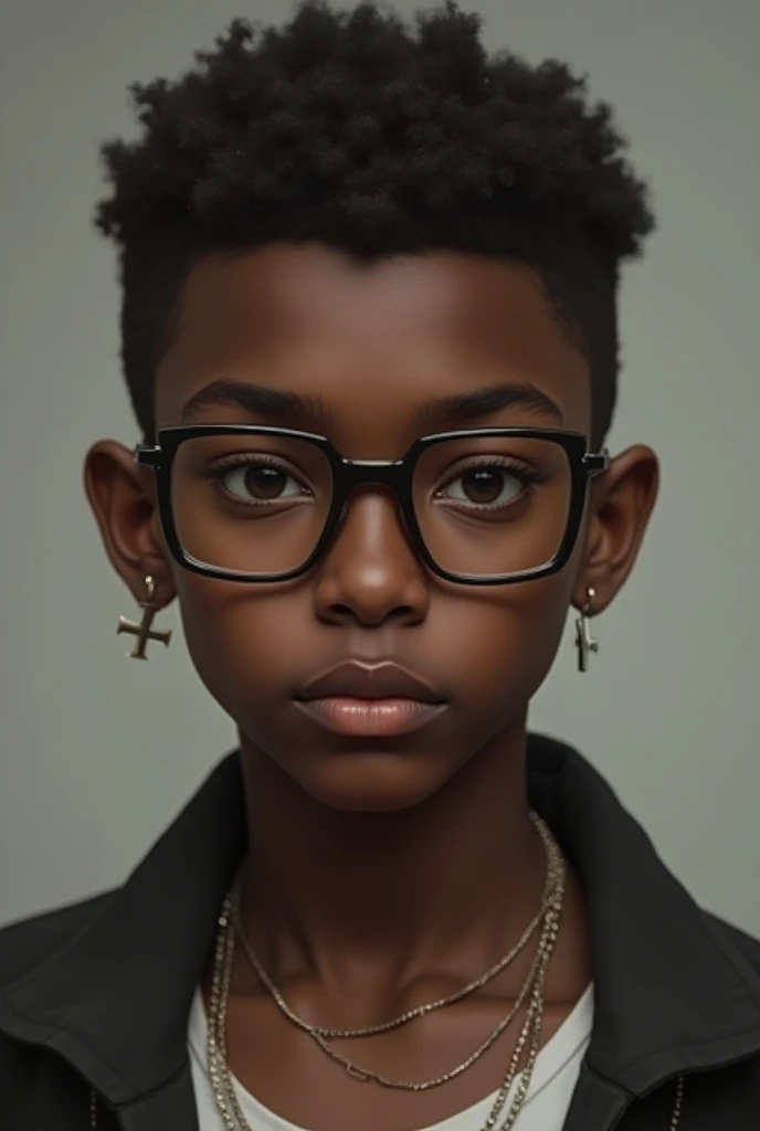  Tall black boy low hair small glasses, Skinny pointed face 2 neck chains  