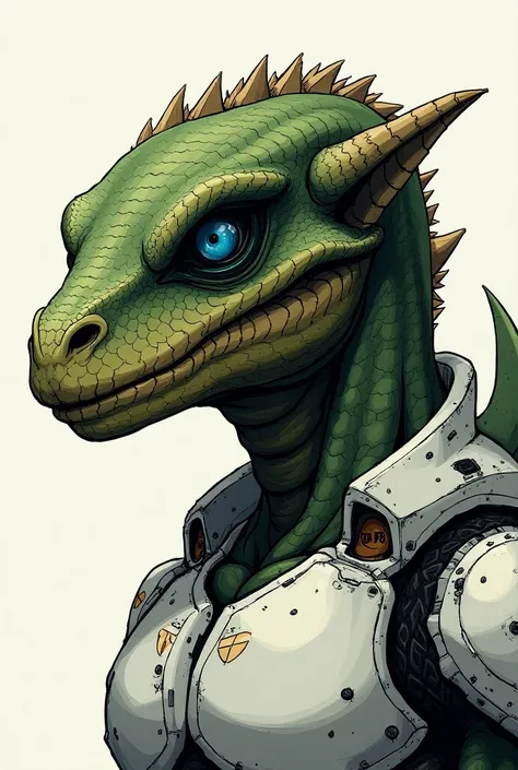 A close up illustration sketch of intelligent humanoid draconic alien, t-rex race detail dark green scale with brown pattern scale in muscular bulk big body,so terrifying, so masculine, so malicious, so brave, Wide large blue eye, wear white mecha future a...