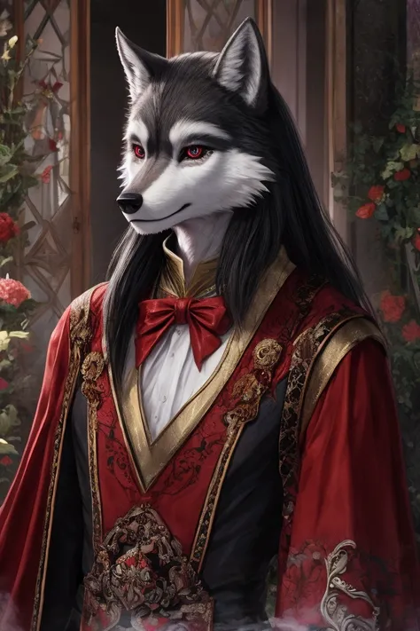 ((ultra quality, ultra realistic, high details, anime style eyes, 8k)) Male Wolf , Blak Fur , Vampire , Vitorian Clothes , Twumk