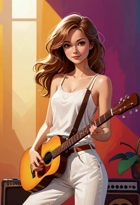 A beautiful British woman in illustration style, with light brown hair, beautiful brown eyes, wearing a white tank top with very thin straps, semi-short, and wearing white linen pants, long and loose, she is with a small toy guitar, having fun